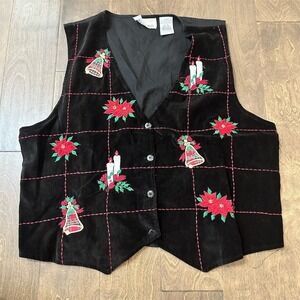Casey & Max Christmas Vest Womens XL Black Embroidered Poinsettia Tie Back